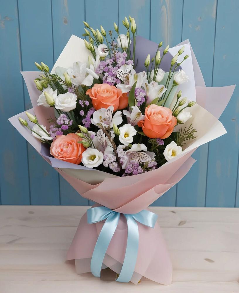 Букет цветов из: Лизиантусы, Розы, Альстромерии и Гипсофила в Явасе